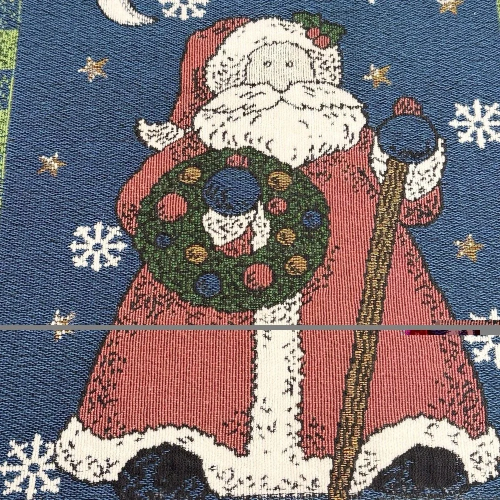 Vtg Tapestry Christmas Placemats Folk Art Santa Blue Green Plaid Cottagecore 2